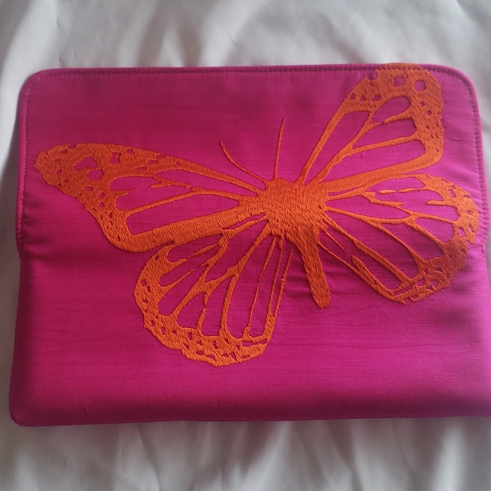 Clutch purse, hot pink satin with orange embroidered butterfly. NEVER USED